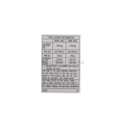 Genuine Toyota Tyre Pressure Caution Label Hilux 2005-2011 42661-0K392